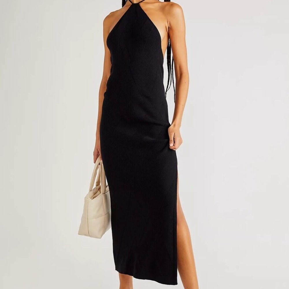 Free People Beach Backless Halter Sweater Knit Dress Black Ladies Size Large NWT